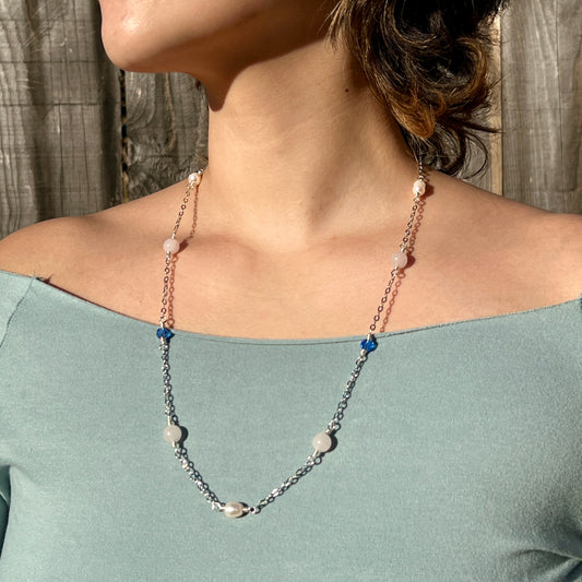 Orbit Necklace - Rose Quartz & Freshwater Pearl