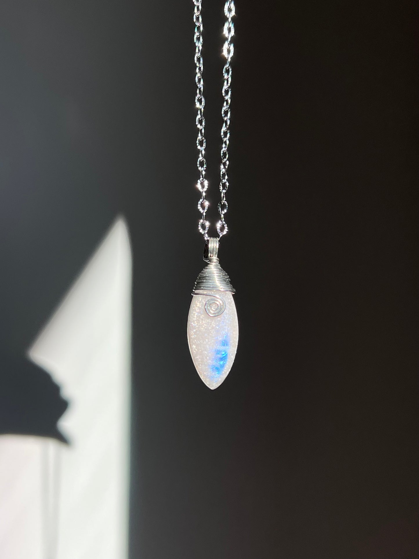 Mystic Marquise Necklace - Rainbow Moonstone (silver chain)