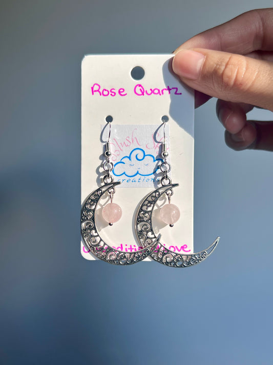 Crescent Moon Earrings | Silver Rose Quartz