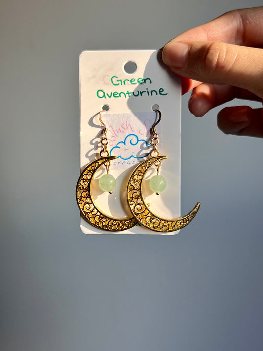 Crescent Moon Earrings | Golden Green Aventurine