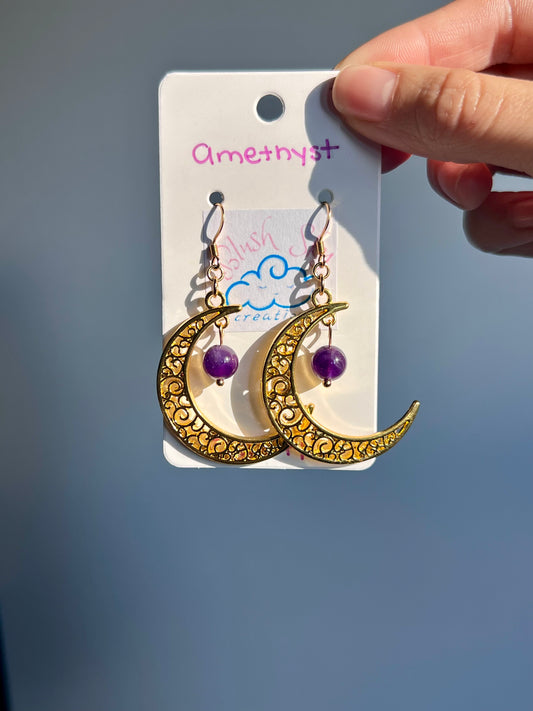 Crescent Moon Earrings | Golden Amethyst
