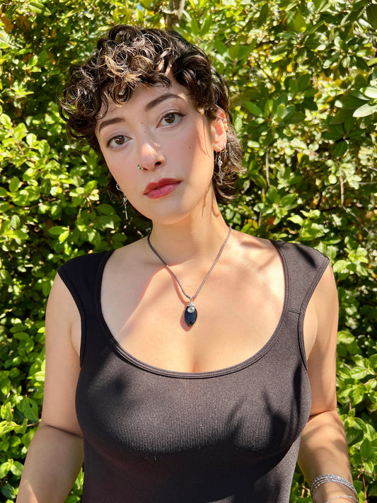 Mystic Marquise Necklace - Black Obsidian (silver cord)