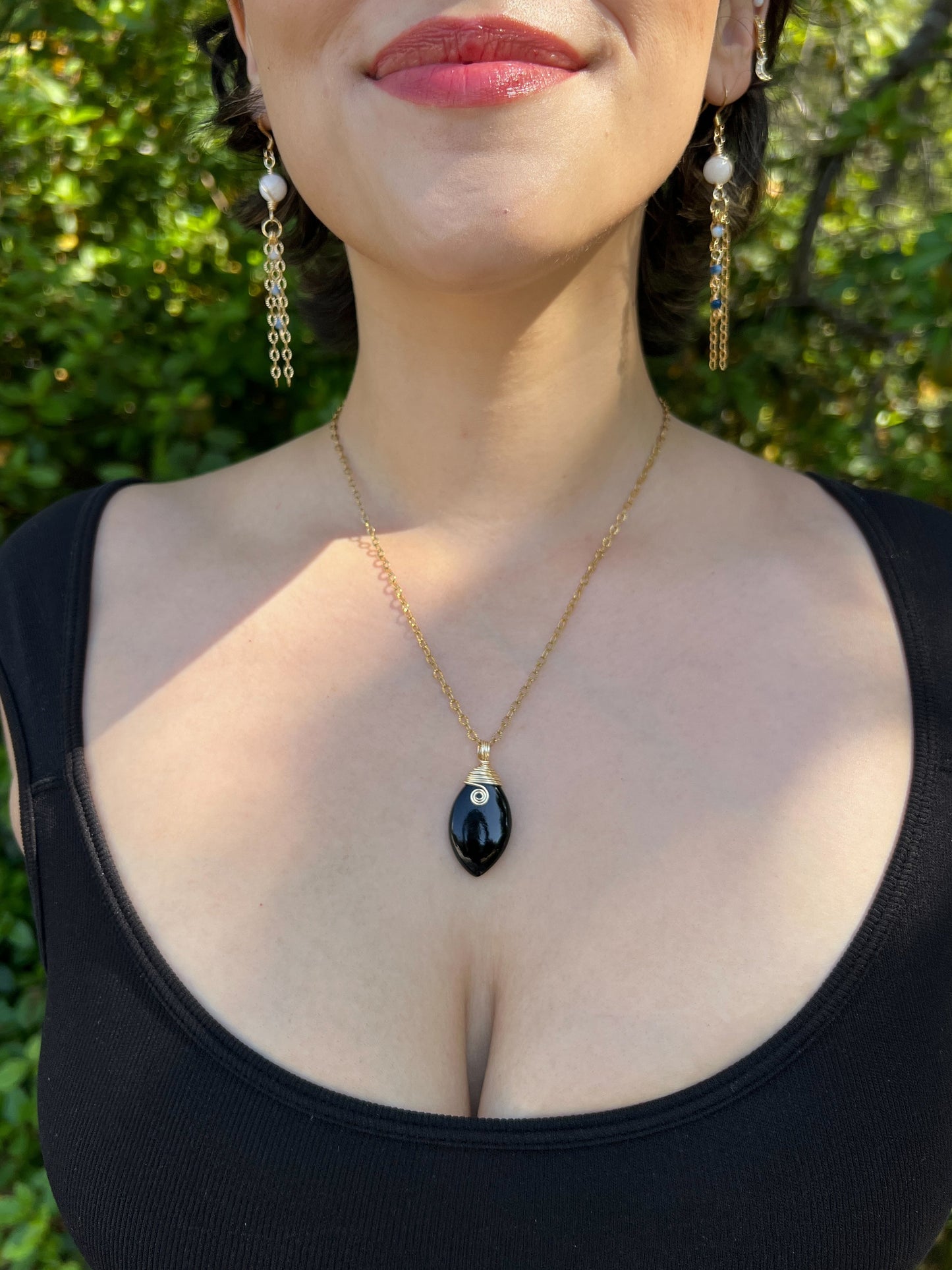 Mystic Marquise Necklace - Black Obsidian (gold chain)